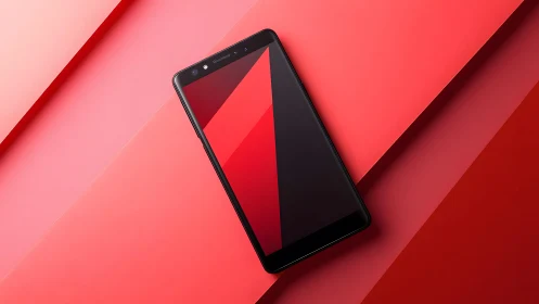 Modern black smartphone on geometric red background, minimal style.
