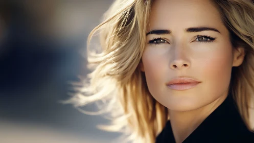 Sunlit gaze of a modern muse in windswept close-up portrait.