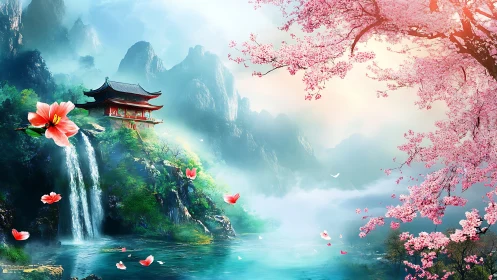 Tranquil mountain temple beside misty falls and blossom lake.