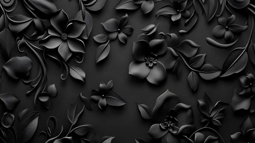 Black 3D Floral Relief Pattern with Dimensional Layered Flowers.