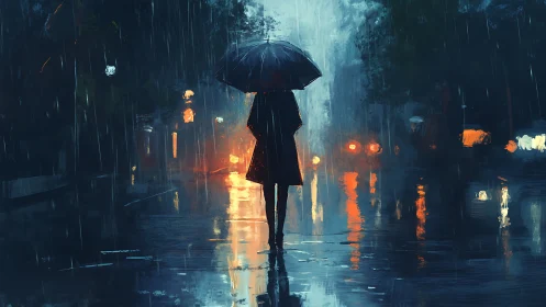 Solitary figure with umbrella in neon-lit rainy boulevard.