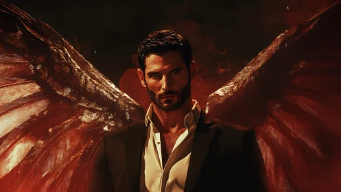 Winged male figure in suit stands against dark red backdrop