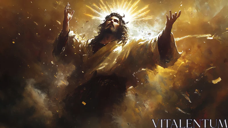 Rising figure blazes upward through storm-lit golden clouds