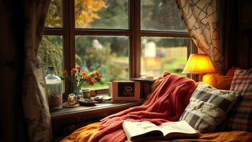 Cozy window reading nook with blankets and warm lamp.