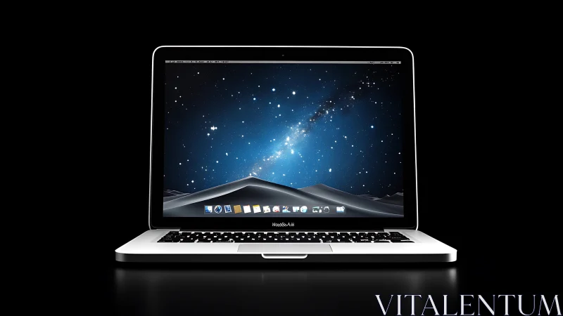 Sleek silver laptop displaying starry night desktop scene.
