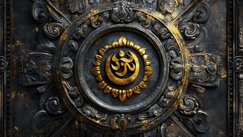 Ornate golden Om emblem on dark carved metal panel.