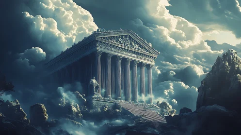 Digital painting of celestial neoclassical temple in clouds.