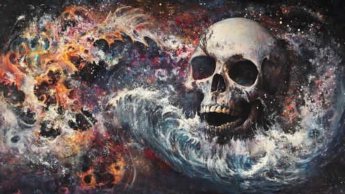 Cosmic skull drifts through swirling stardust and fiery nebula