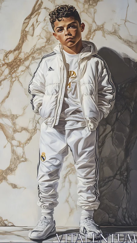 Portrait of Young Male Athlete in White Adidas Tracksuit.