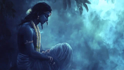 Moonlit blue deity in misty devotional embrace at night.