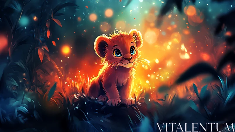Glowing jungle cub in vivid bokeh-lit nightscape.
