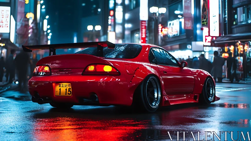 Red tuned sports car on neon city street at night.