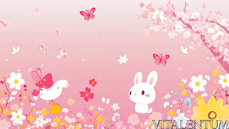 Sweet springtime bunny and bird in a pink flower meadow.