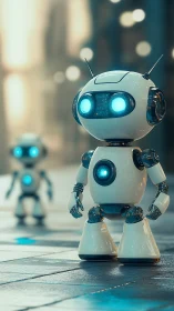 Curious little robots explore a softly glowing city street