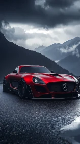 Red Mercedes sports car on wet mountain road in rain.