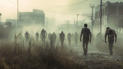 Mist-drowned city street welcomes a weary zombie procession