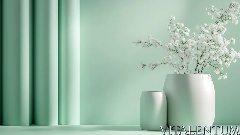 Minimalist white vases with flowers on mint background.