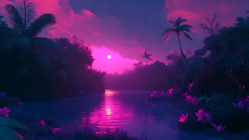 Neon tropical river under vivid magenta twilight sky.