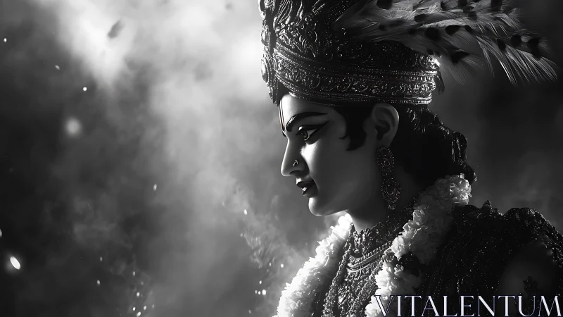 Black and white profile of ornate deity statue in smoke