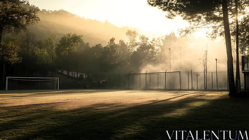 Soccer field with morning mist and backlit perimeter trees.