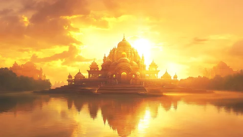 Sunlit domed palace complex reflected on calm water surface.