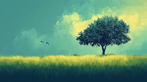 Lone tree in dreamy field with birds, surreal digital art style.