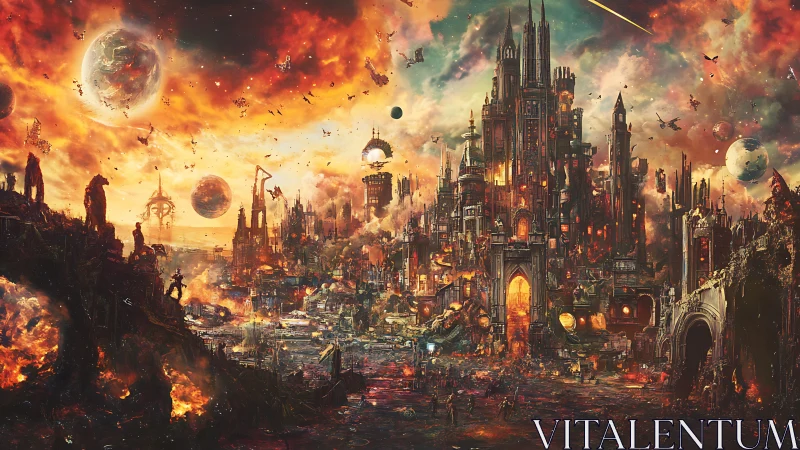 Burning sky over a cosmic citadel of crumbling wonders.