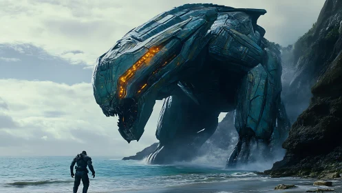 Armored pilot confronts colossal biomech on stormy shore.