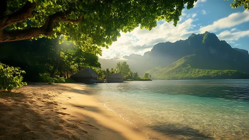 Tropical lagoon beach with mountainous backdrop under clear sky
