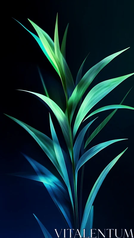Luminous abstract plant with teal and green blades on dark field.