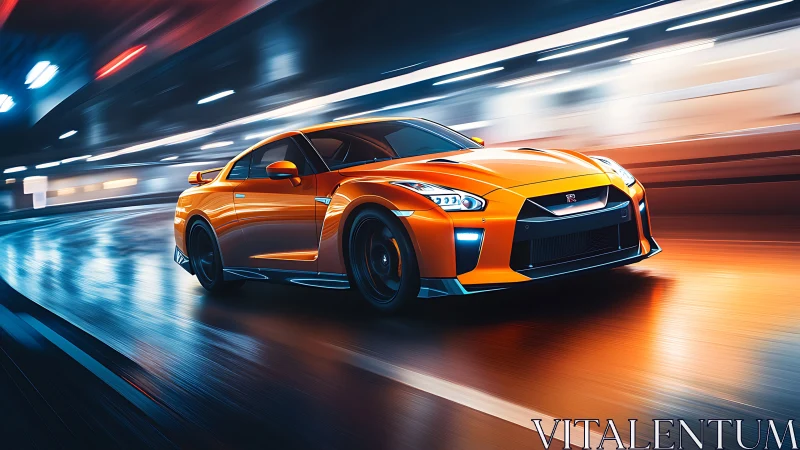 Orange sports car racing through neon lit tunnel at speed.
