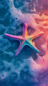 Multicolored starfish on foamy seawater surface.