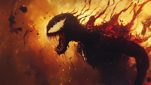 Monstrous black creature emerges through fiery abstract chaos