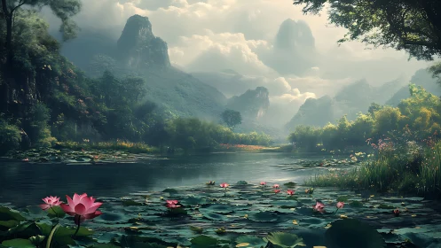 Serene lotus lake unfolds beneath mist veiled karst mountains