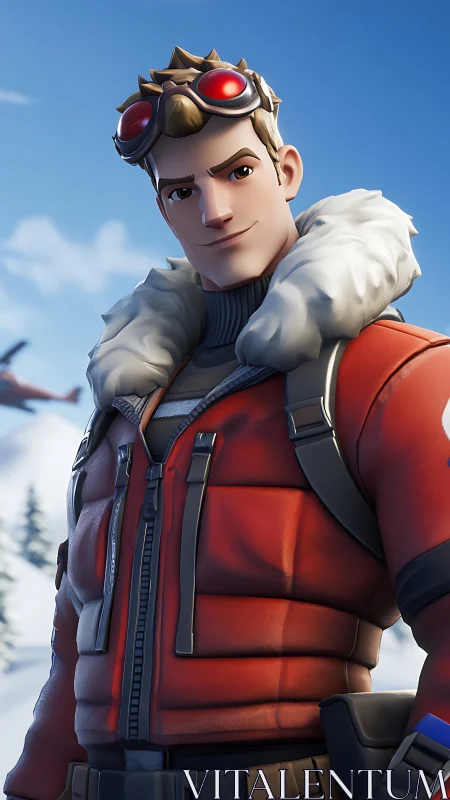 Stylized winter adventurer wearing red jacket in snow scene