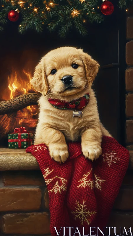 Golden retriever puppy rests on red Christmas blanket.