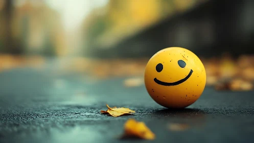 Sunny smiley ball brightens a quiet autumn city street