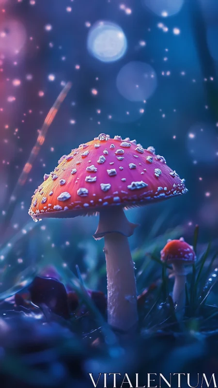 Enchanted red mushroom glows softly in dreamy forest light