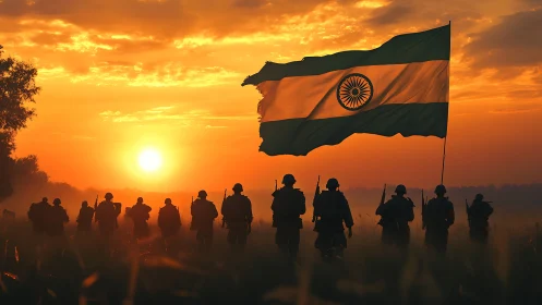 Indian soldiers march beneath vast flag at fiery sunset.