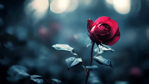 Crimson Rose Against Twilight Bokeh. Deep Tones.