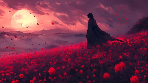 Lone wanderer crosses crimson field under burning moon.