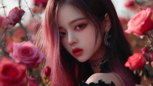 Digital portrait of young woman among pink roses outdoors.