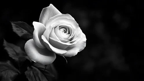 White rose photographed in monochrome against dark background