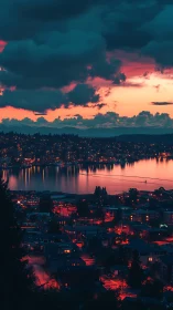 Urban lakeside district under dense clouds at dusk.