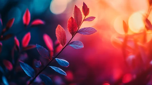 Close-up foliage branch under vivid bicolor backlighting.