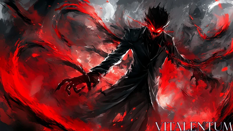 Demonic silhouette wreathed in crimson energy swirls.