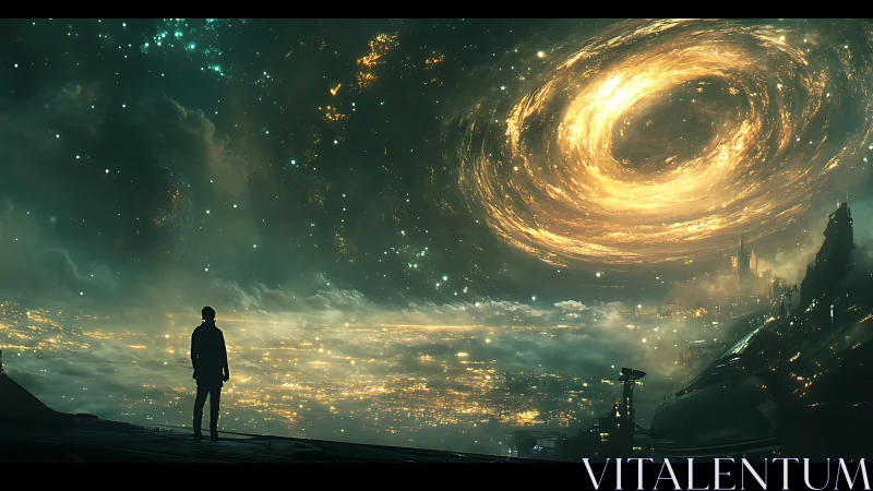 Lone figure studies blazing galactic vortex above city