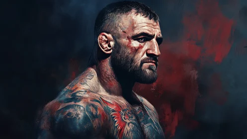Tattooed fighter portrait rendered with dramatic lighting and grit