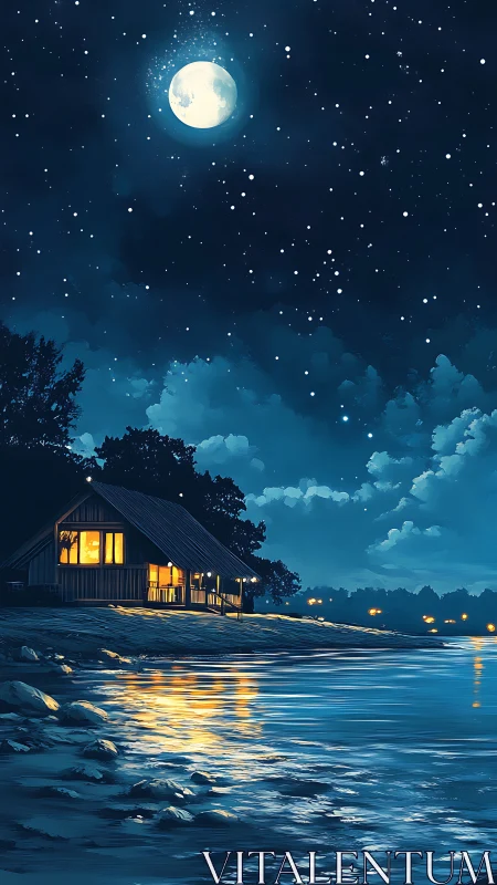 Moonlit lakeside cabin wrapped in quiet night magic.