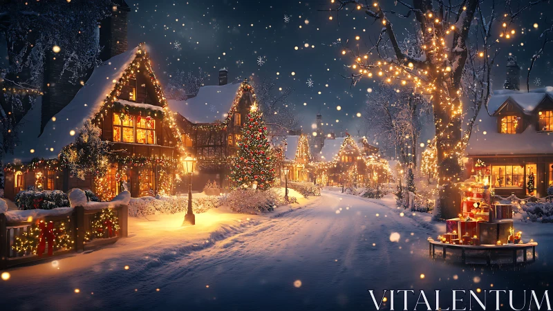 Snow covered village street with dense winter lighting display.